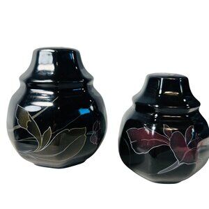Vtg Japanese Mikasa Ebony Fleur Black Ceramic salt pepper shakers Floral Design